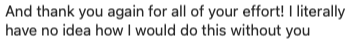 Client testimonial expressing gratitude